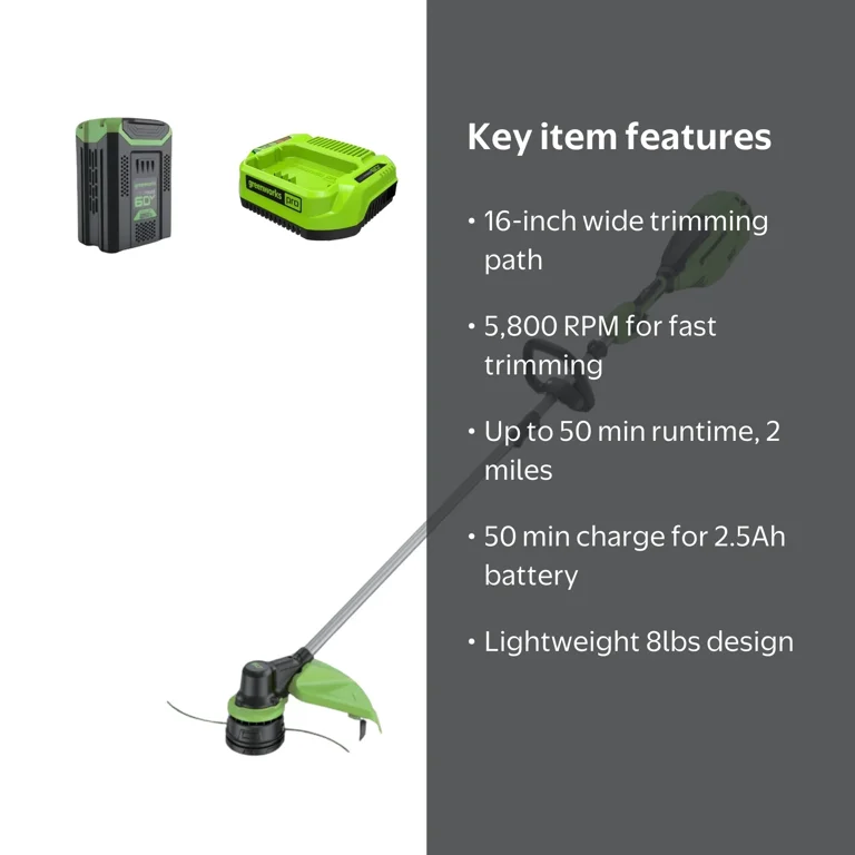 Greenworks 60V 16” Front Mount String Trimmer + 2.5Ah Battery & 3A