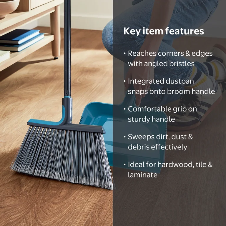Great Value Angle Broom with Dustpan, Slanted Bristles, Clip-On