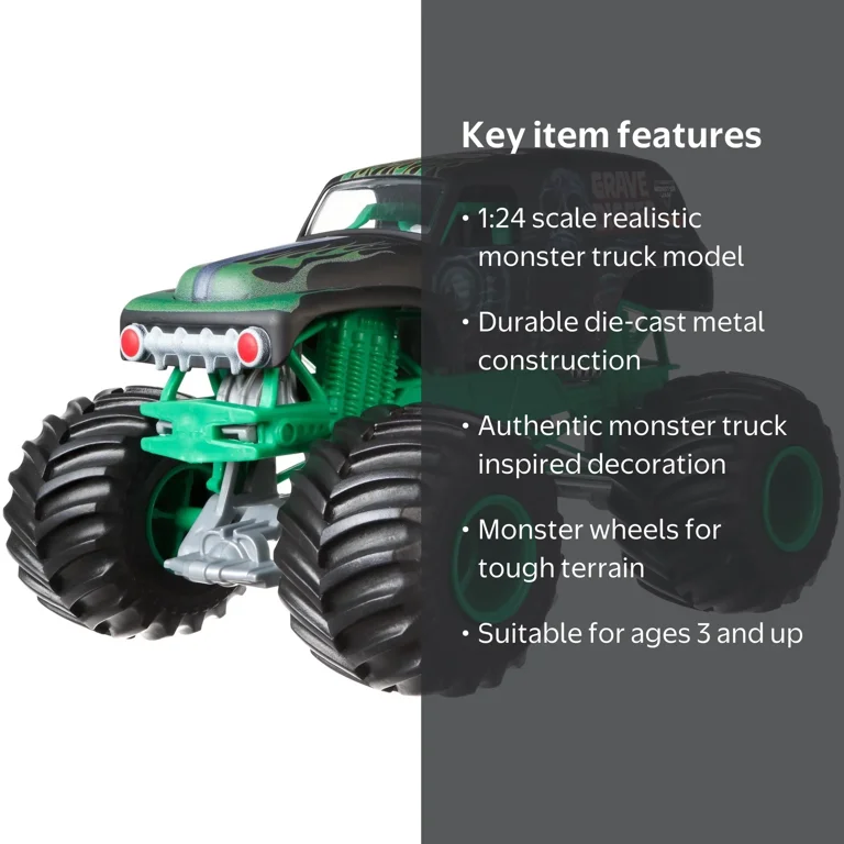 Hot Wheels Monster Jam 1:24 Scale Grave Digger Throwback Car Play