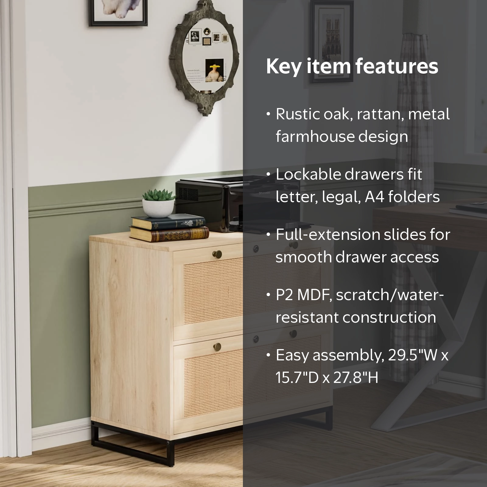 Ktaxon, Wood Rattan 2-Drawer Lateral File Cabinet, Lockable, Oak