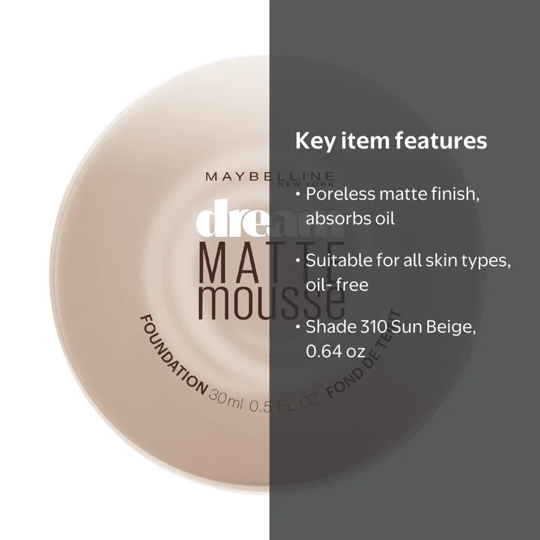 Maybelline, Dream Matte Mousse Foundation, 310 Sun Beige, 0.64 oz