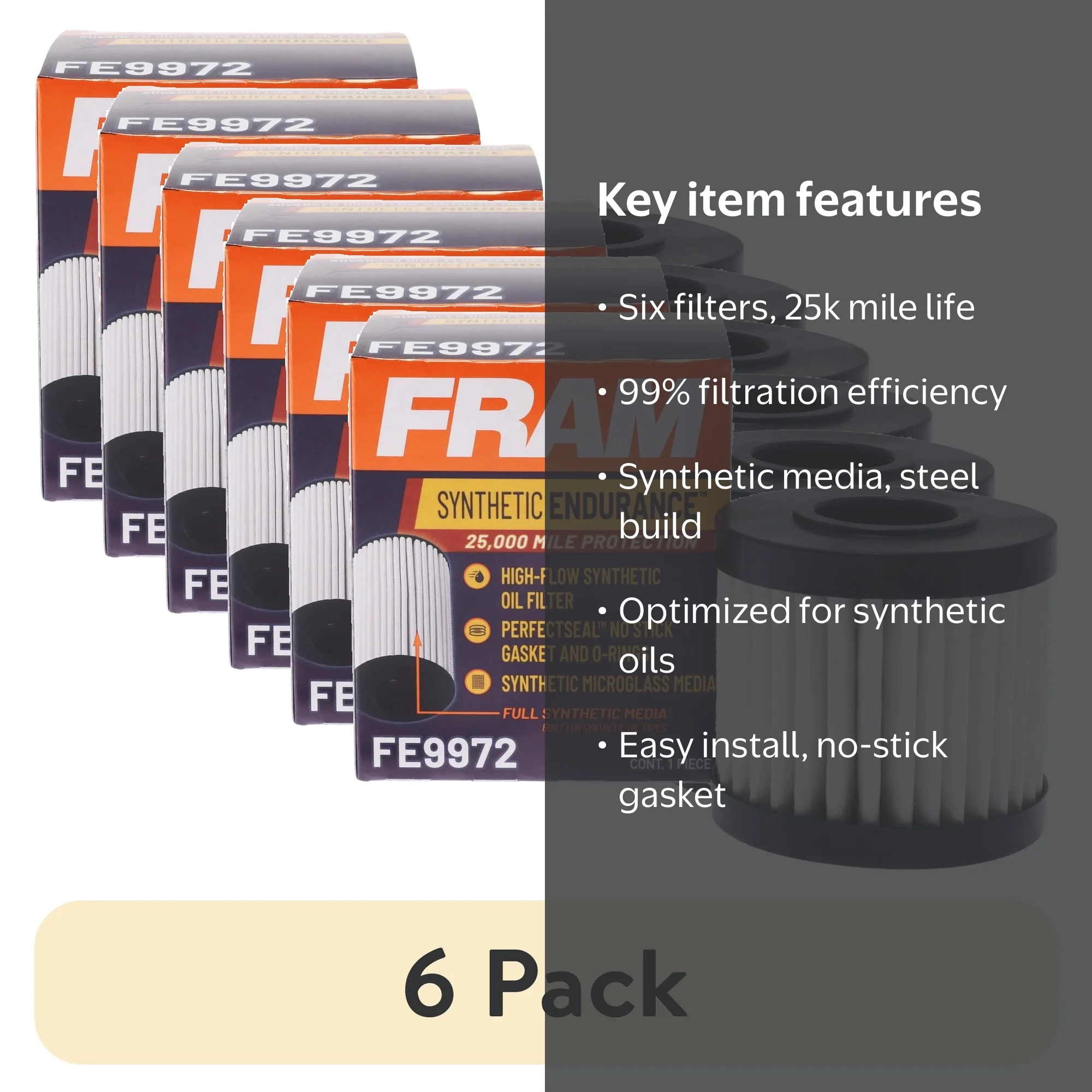 6 pack) FRAM Synthetic Endurance Premium Oil Filter, FE9972, 25K