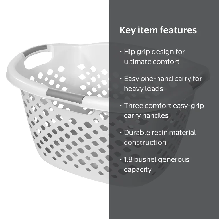 Home Logic 1.8 Bushel Hip Grip Plastic Laundry Basket, White