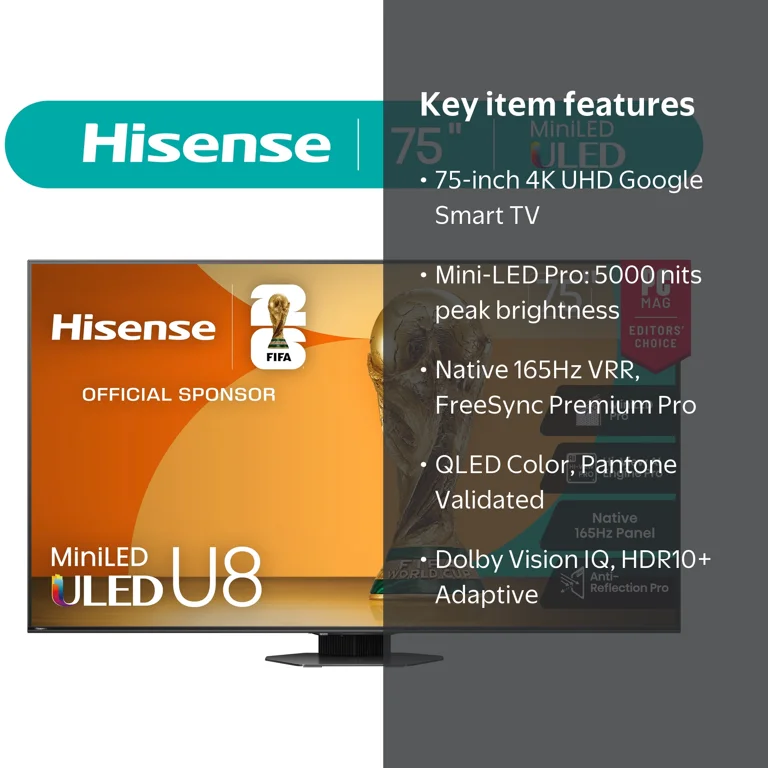 Hisense 75 inch Class U8 Series Mini-LED ULED 4K UHD Google Smart