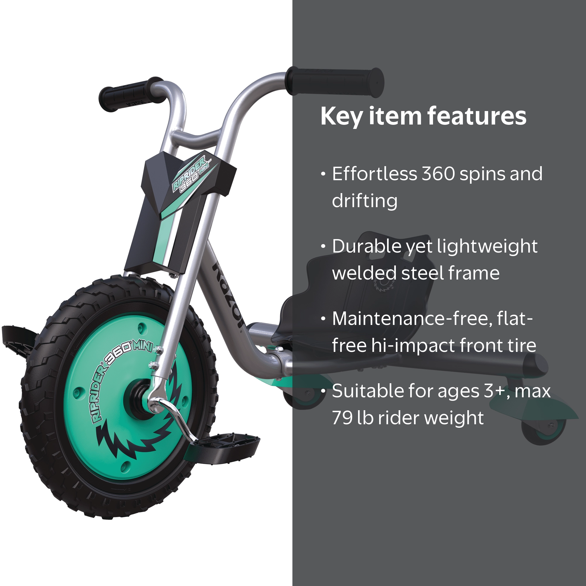 Razor RipRider 360 Mini - Teal, 360 Degrees Caster Tricycle, Easy