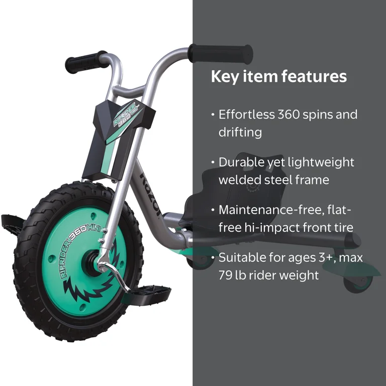 リモア Razor RipRider 360 Mini - Teal, 360 Degrees Caster Tricycle, Easy