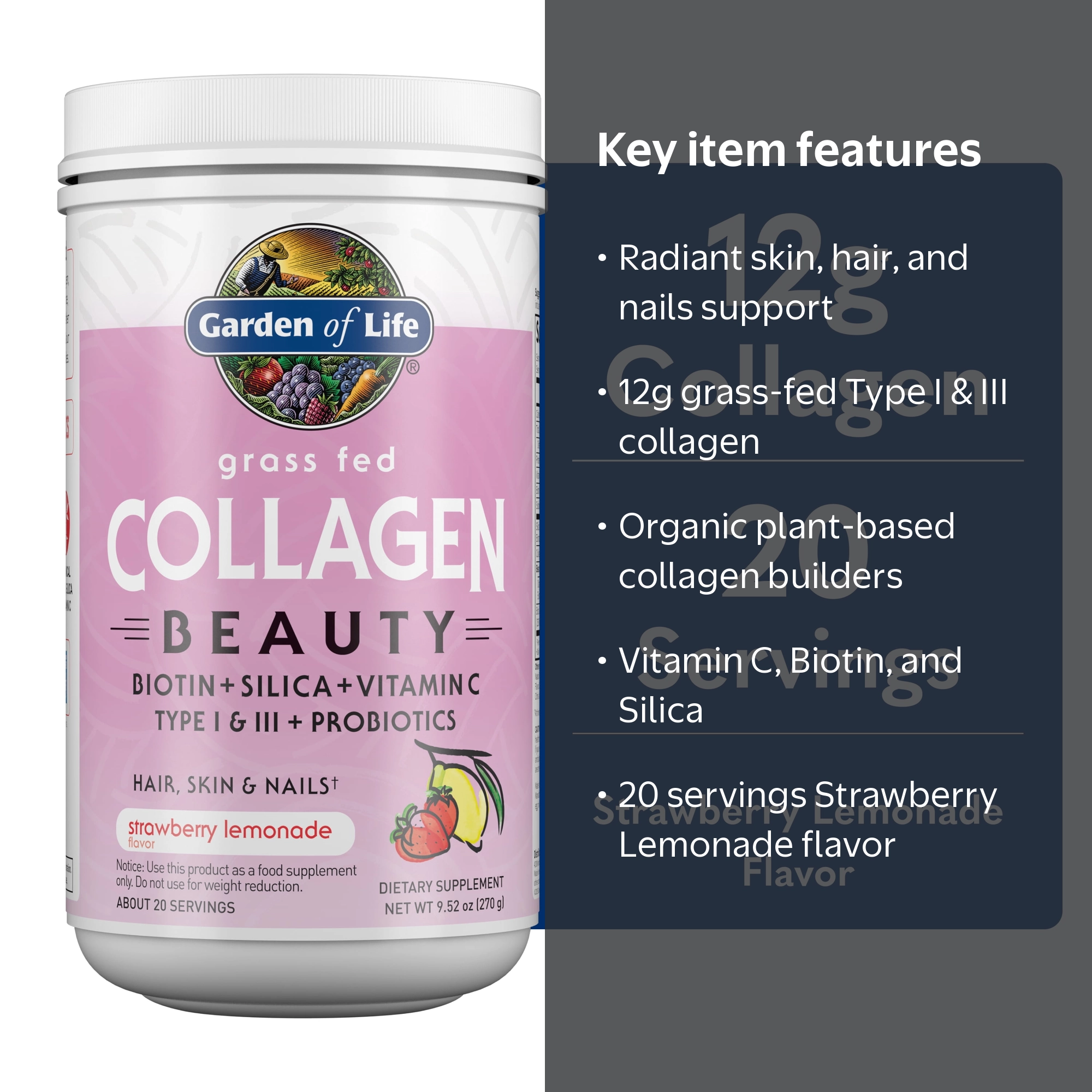 Garden of Life Grass Fed Collagen Beauty, Strawberry Lemonade, 20 Servings