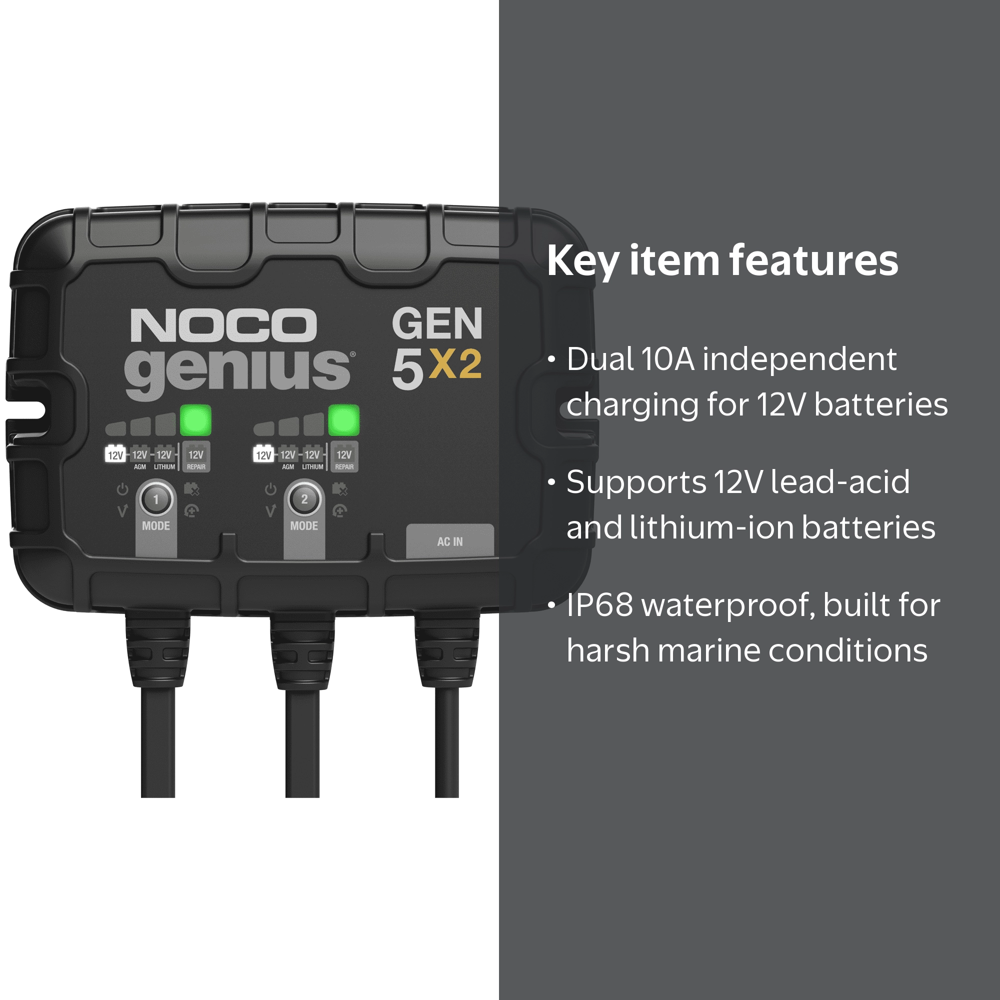 NOCO Genius GEN5X2 2-Bank 10A (5A/Bank) 12V Onboard Battery
