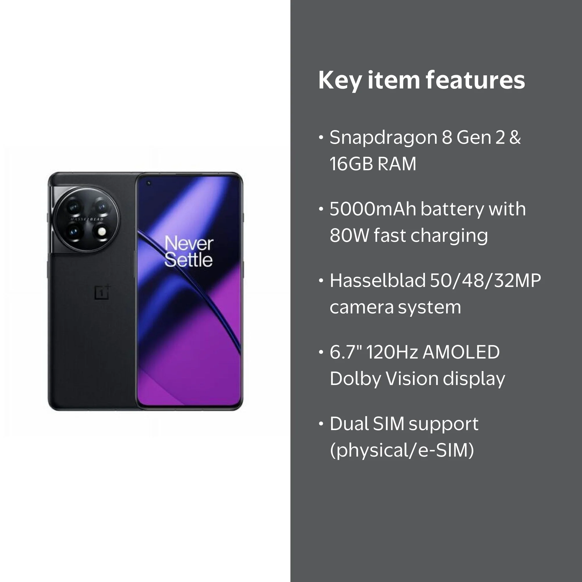 OnePlus 11 5G | 16GB+256GB, Black, Dual-SIM, Unlocked | 120Hz, 80W
