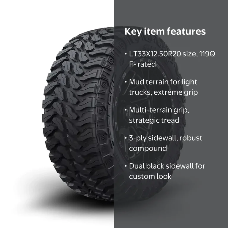 FireKing, Light Truck Tire, Mud Terrain LT33X12.50R20, Black
