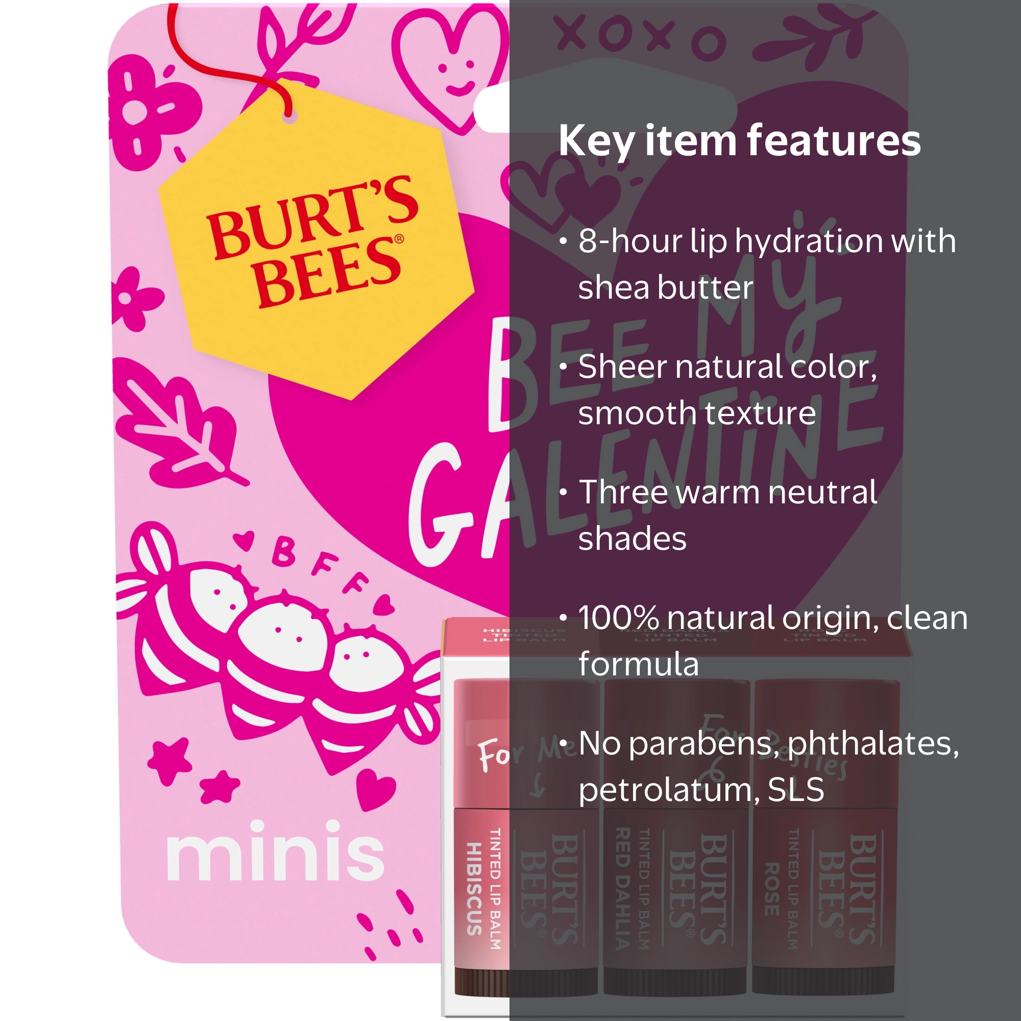 Burts Bees Bee My Galentine Minis Tinted Lip Balm Gift Set, 3-Pack