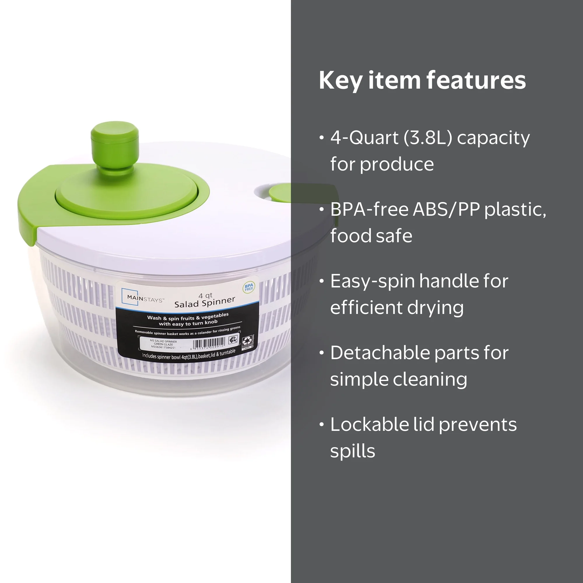 Mainstays Salad Spinner 4QT Greens Herbs Vegetable Dryer, Green