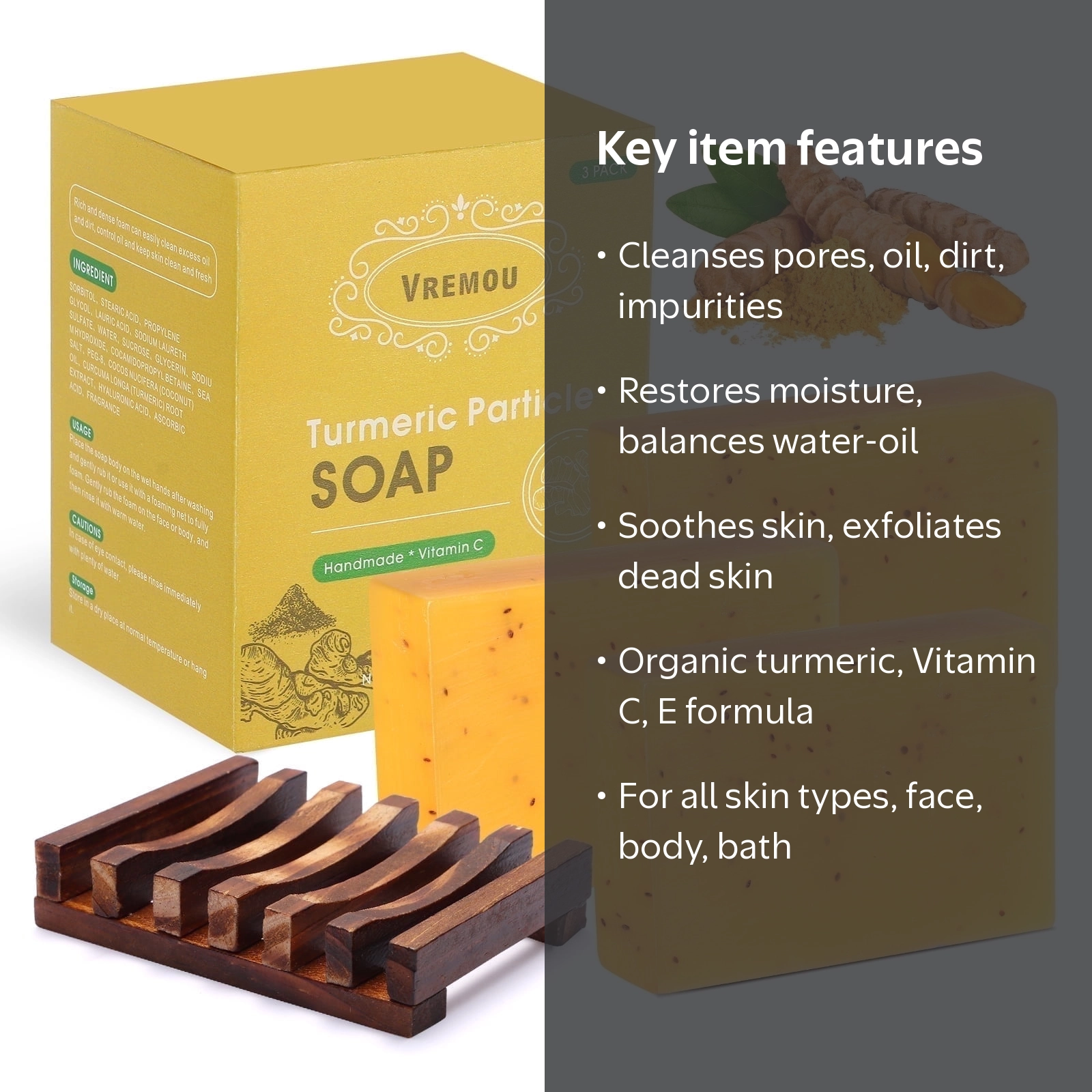 Vremou, Turmeric Soap, 3 Pack, With Vitamin C and E for All Skin