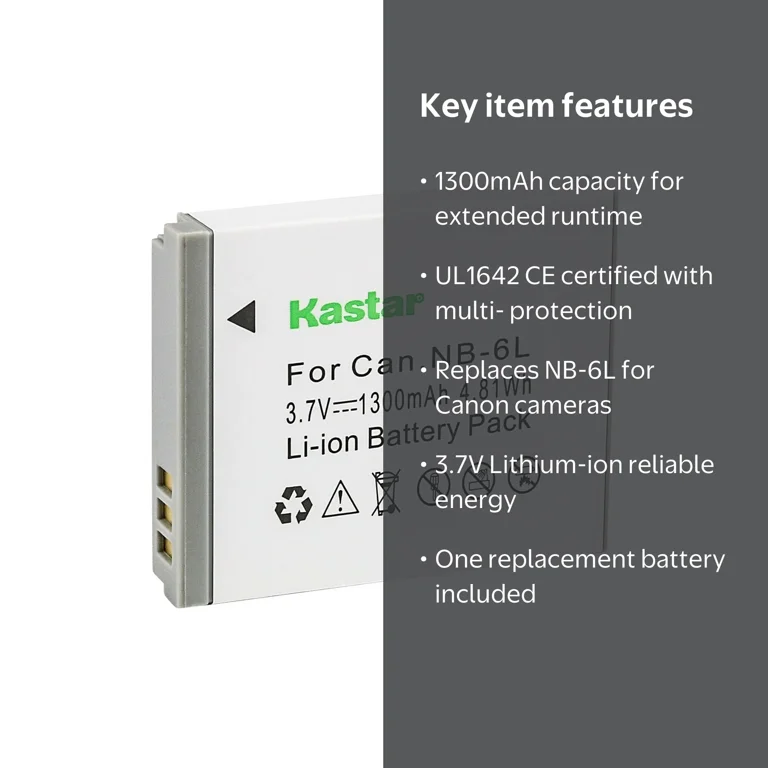 Kastar 1-Pack NB-6L Battery 3.7V 1300mAh Replacement for Canon