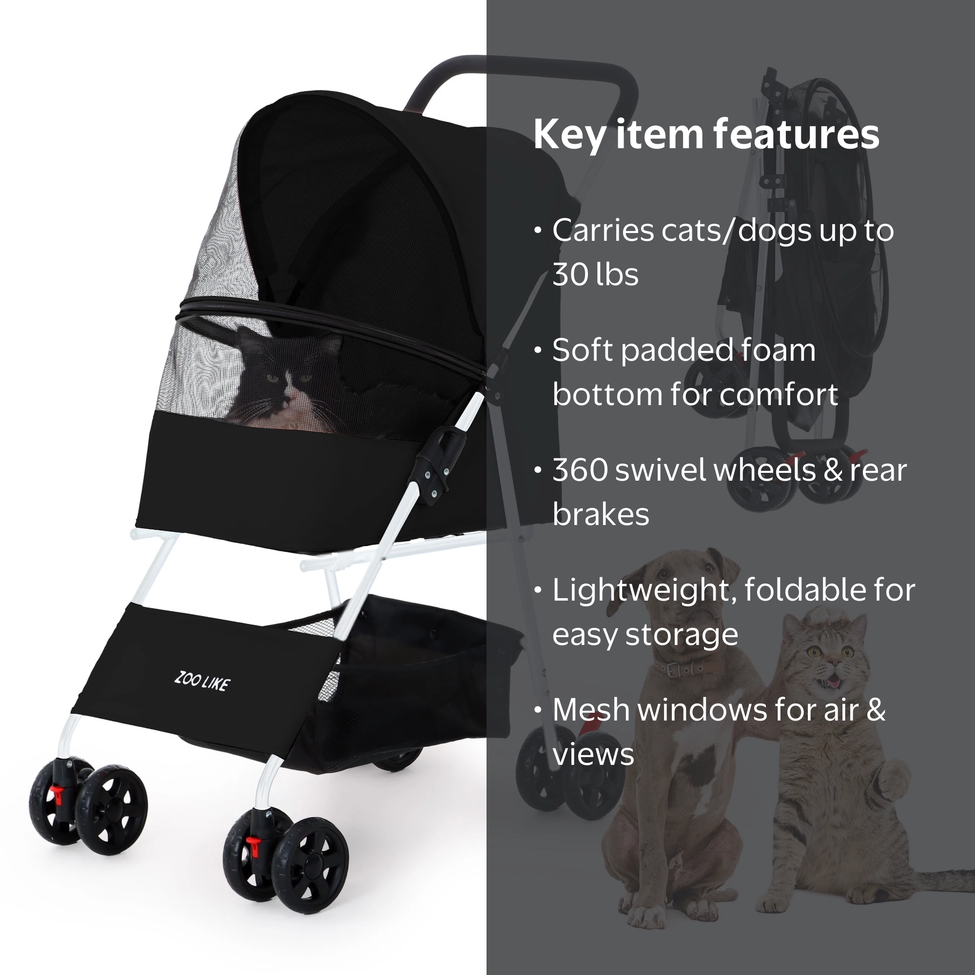 ZOOLIKE 4-Wheeled Foldable Pet Stroller, Travel Carrier for Cats