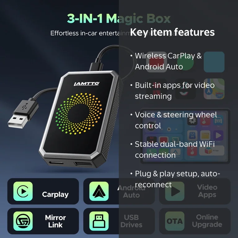 Lamtto, Wireless CarPlay and Android Auto AI Box, Dual WiFi