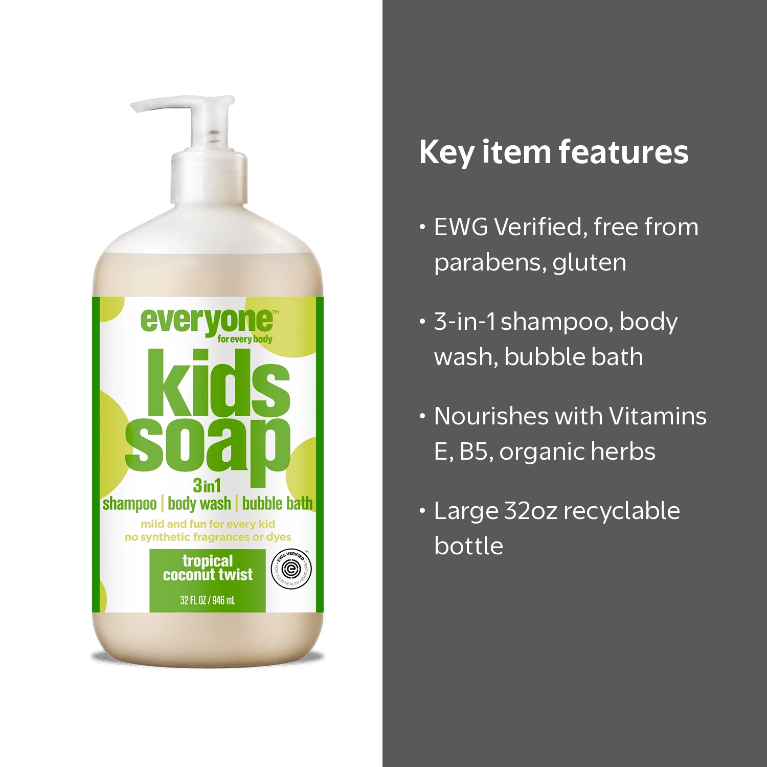Everyone, Kids 3-in-1 Tropical Coconut Twist Soap, 32 FL OZ