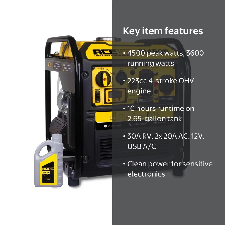 Aceup Energy 4500 Watt Gas Inverter Generator, 3600 Running Watts