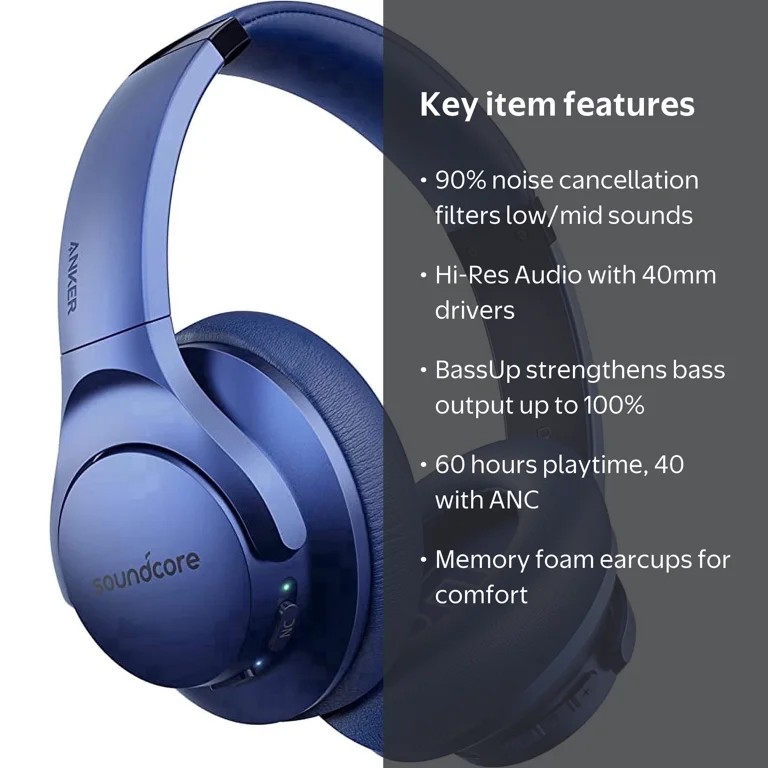 Soundcore, Headphones, Over-ear Bluetooth, 60H Playtime, Deep Bass