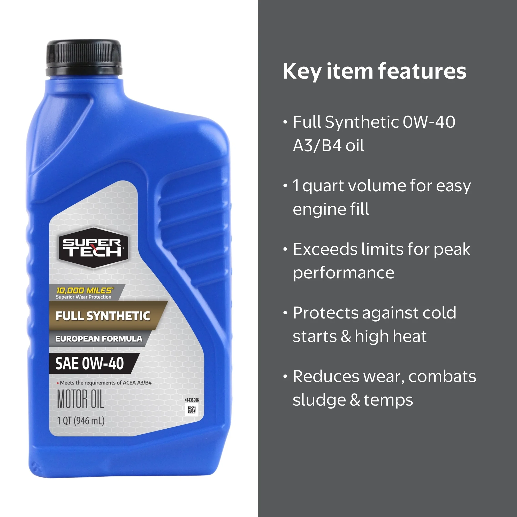 Super Tech Full Synthetic SAE 0W-40 A3B4 Motor Oil, 1 Quart for