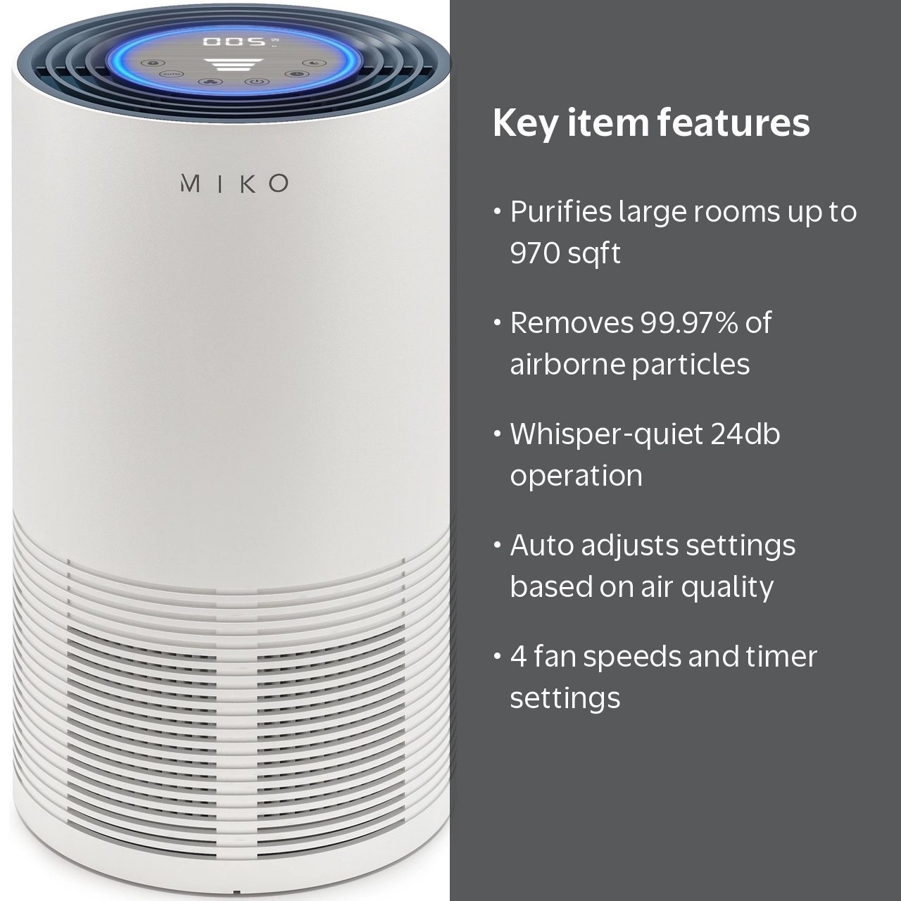 Miko Air Purifier, H13 HEPA Filter, 970 Sqft Coverage, Removes