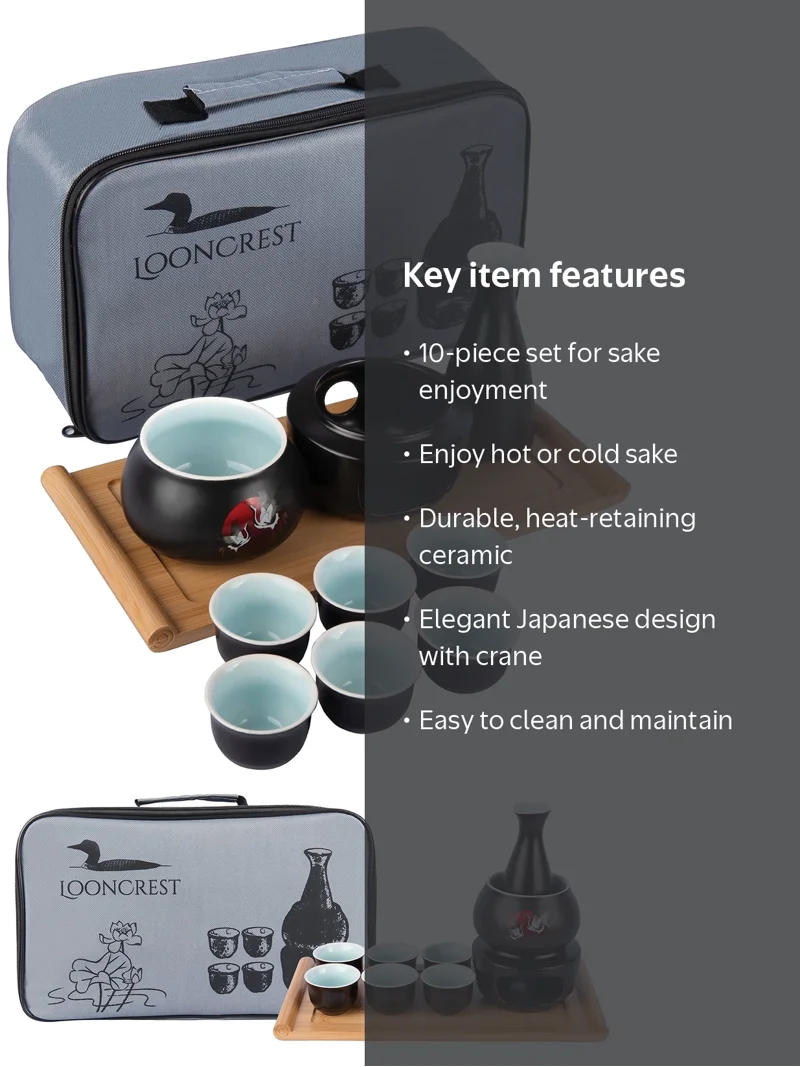 LoonCrest, Ceramic Drinkware Set, 10-Piece, Japanese Sake Set