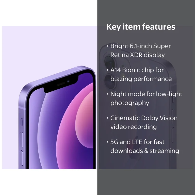 Restored Apple iPhone 12 - T-Mobile- 64 GB Purple (Refurbished