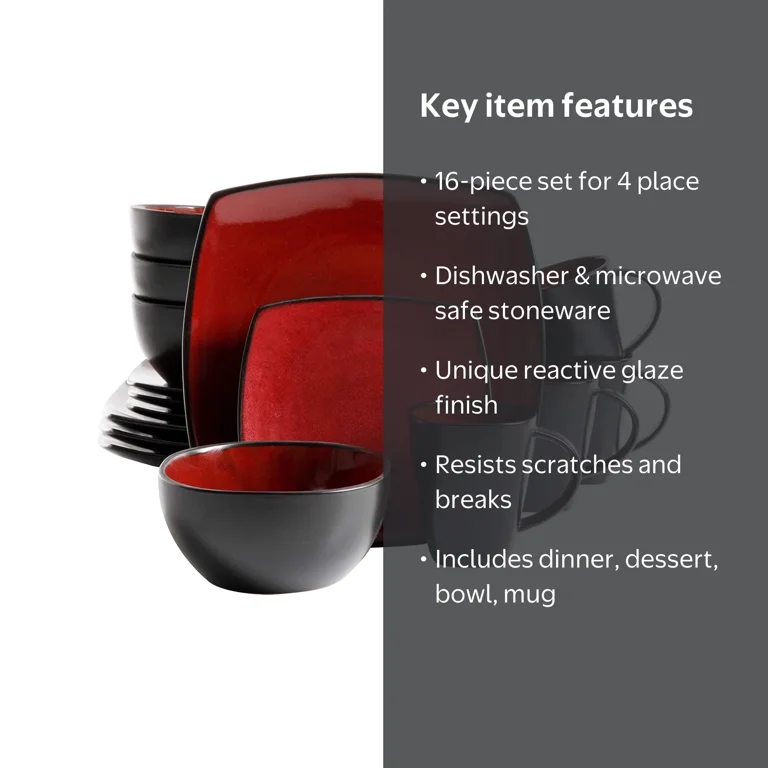 Gibson, Dinnerware Set, 16-Piece, Red Stoneware with Reactive