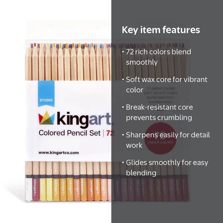 KINGART, Studio Colored Pencils Set, 72, Soft Wax-Based Cores