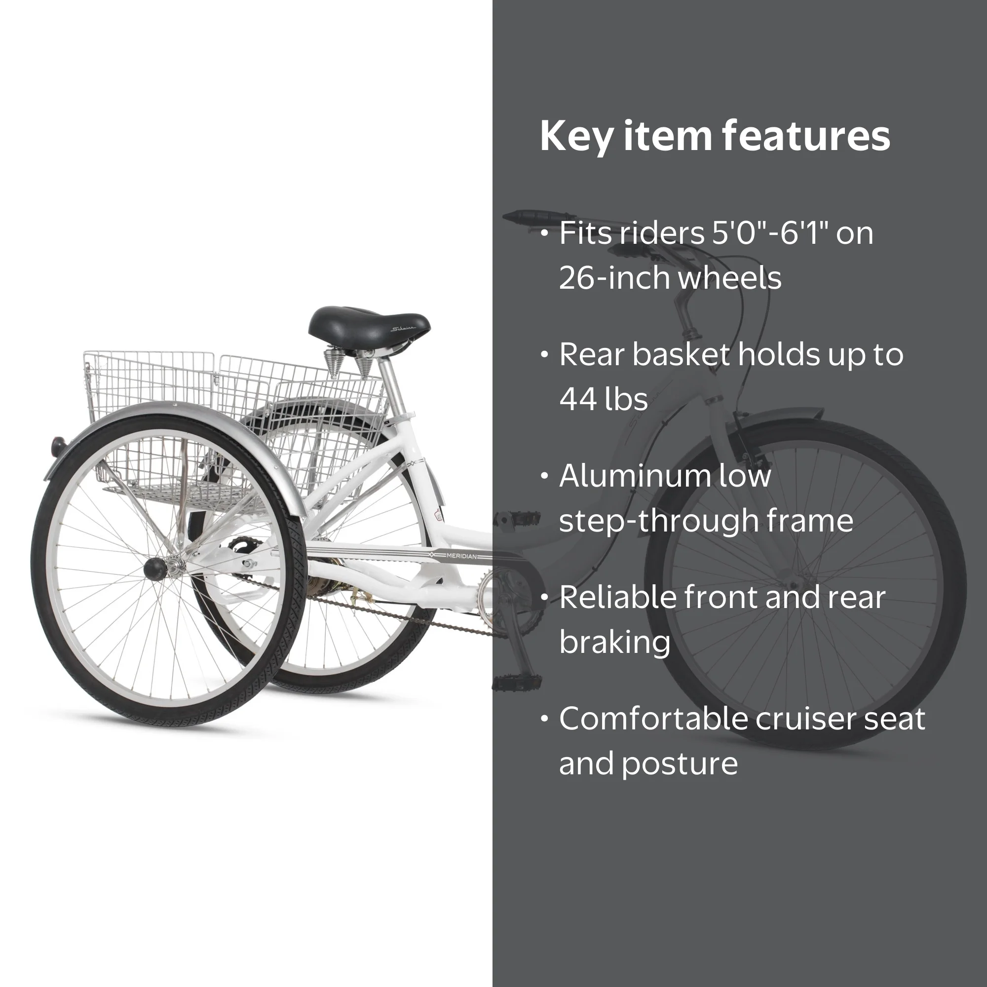 schwinn meridian three wheel bicycle Deluxe Adult Tricycle Bike, Mens and Womens Beach Cruiser, 26-Inch Wheels, Low Step-Through Frame, Wide Seat, Rear Cruise around town in style and comfort with the Schwinn Adults 24 in Meridian Tricycle Schwinn Meridian Adult Tricycle 26