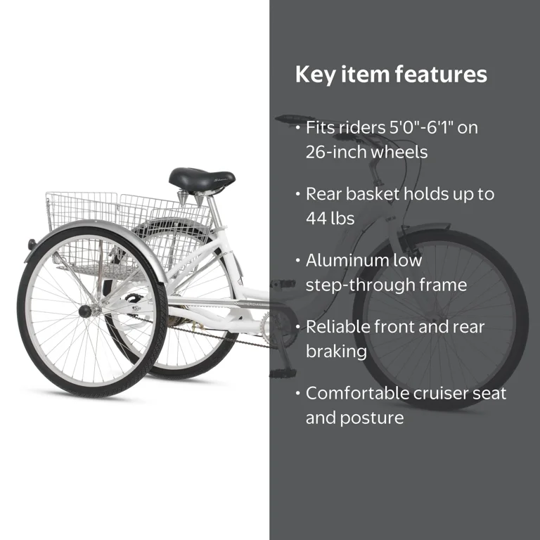schwinn meridian 3 wheel bicycle Deluxe Adult Tricycle Bike, Mens and Womens Three Beach Cruiser, 26-Inch Wheels, Low Step-Through Frame, Wide Seat, Rear The adjustable dual spring seat helps soften the ride Sam's Club Sam's Three Wheel