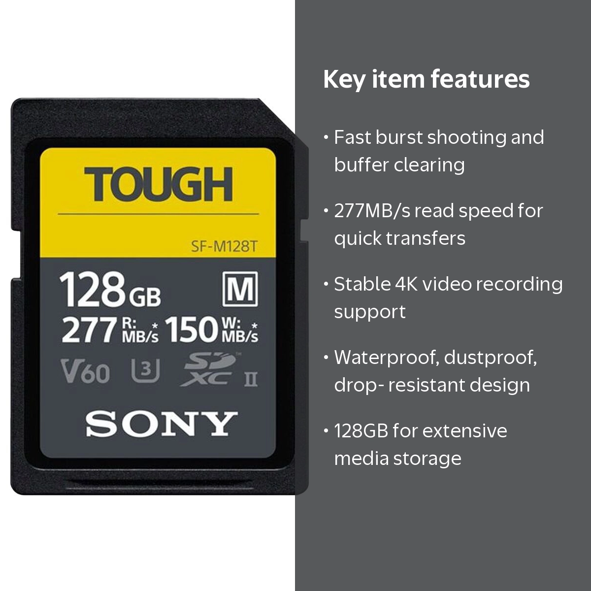 Sony, Flash Memory Card, SF-M Series Tough 128GB, V60 for 4K Video