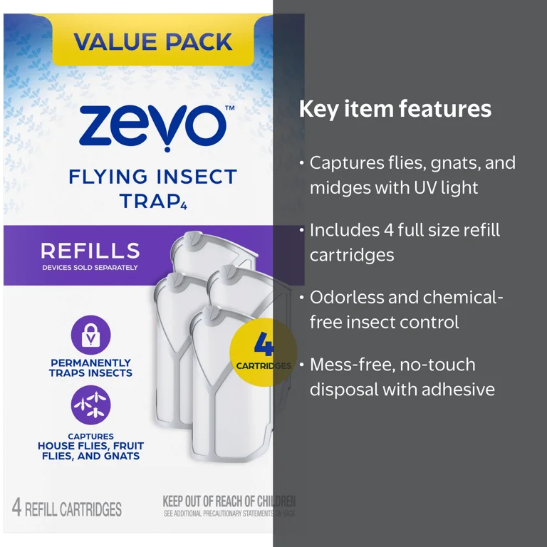 Zevo Fruit Fly & Gnat Trap Refills – 4 Cartridges for Indoor Use