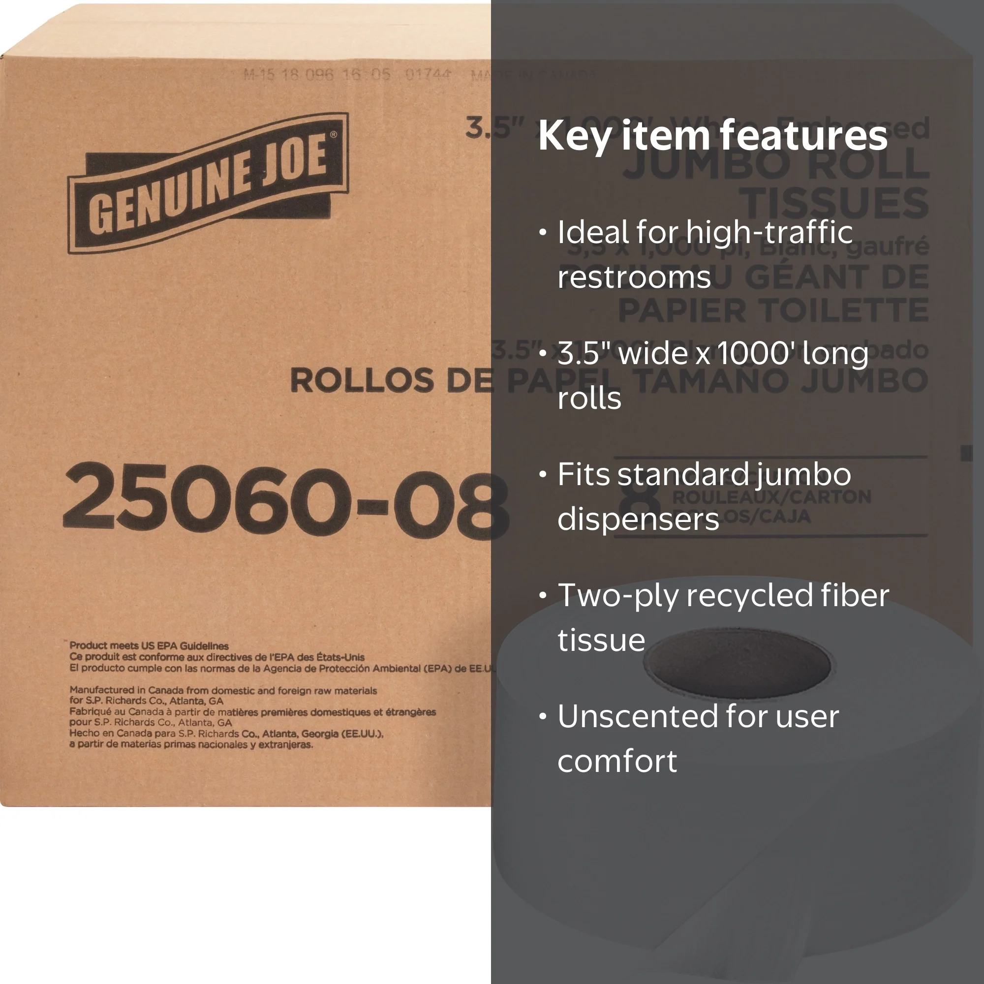 Genuine Joe Embossed Jumbo Toilet Paper Roll, 2-Ply, Recycled