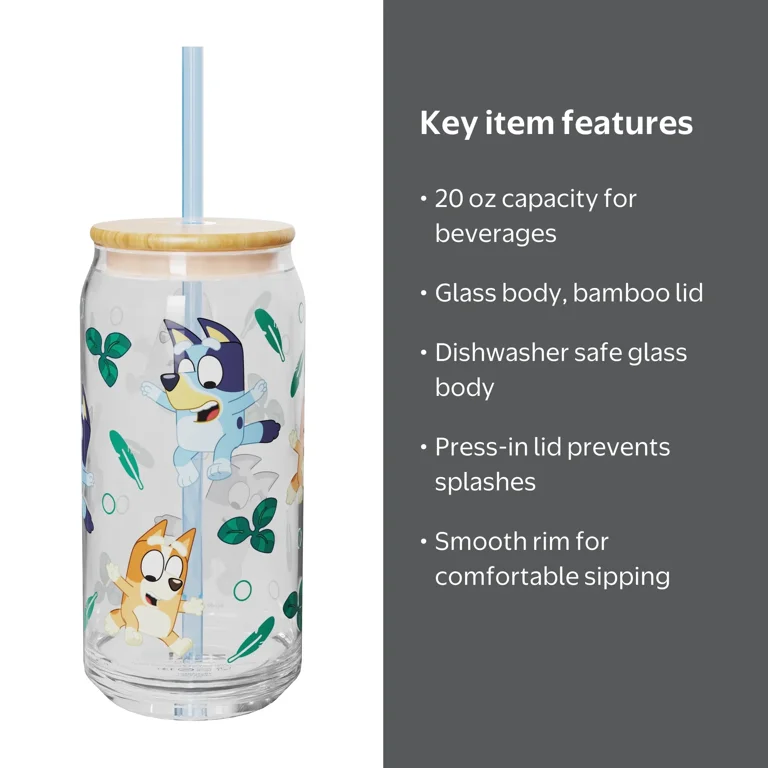 Zak Designs 20oz Bluey Glass Hadley Tumbler, Lid and Straw, 13+