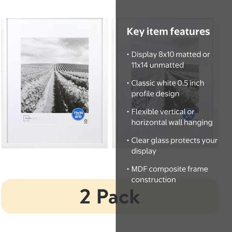 2 pack) Mainstays 11 x 14 White Gallery Picture Frame, Matted to 8
