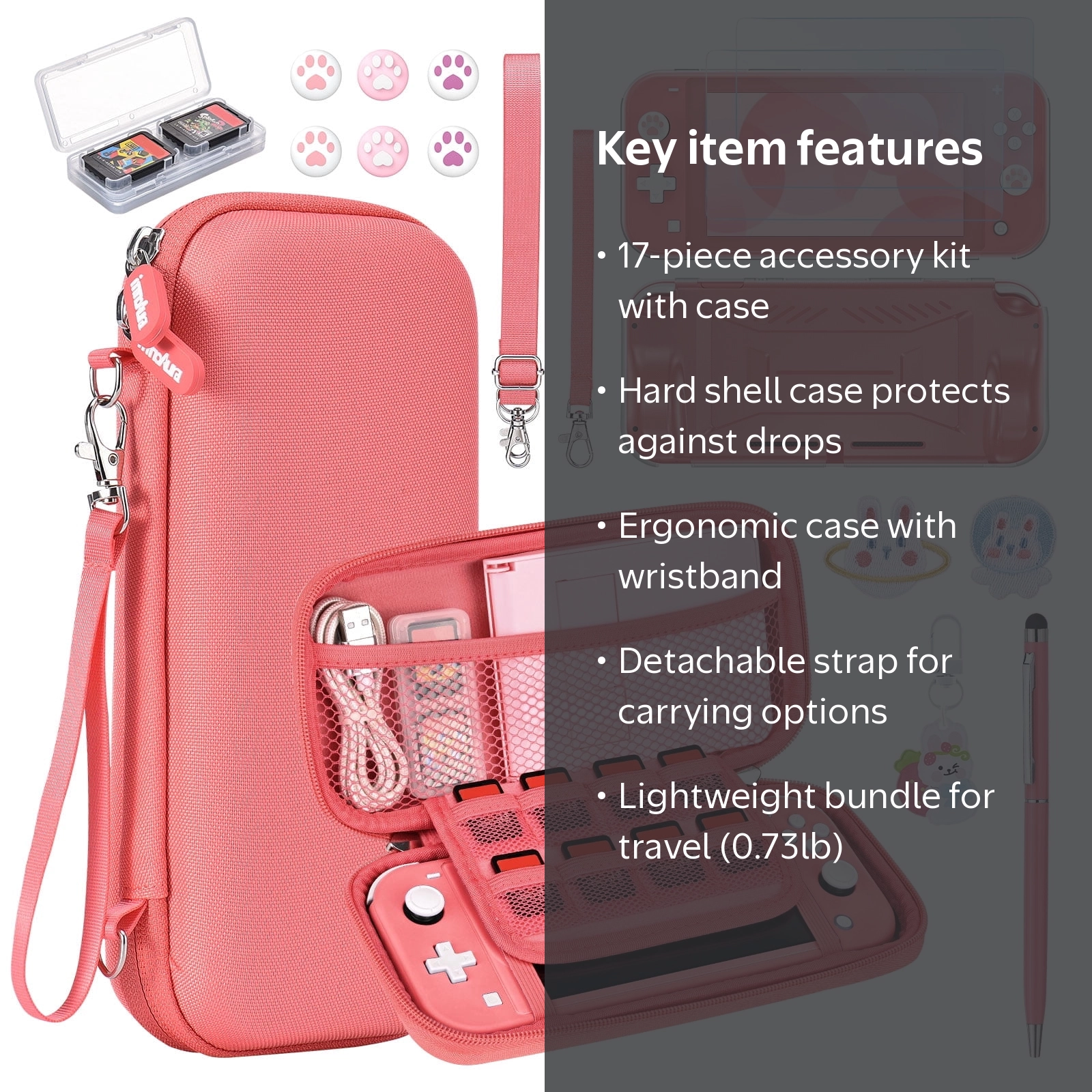 DEPTHOT Switch Lite Accessories Bundle 17 in 1 Pink Travel Case
