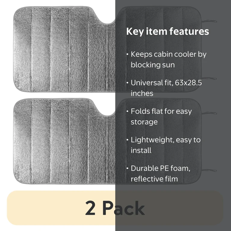 2 pack) Auto Drive Accordion Front Windshield Sunshade, Silver, 63