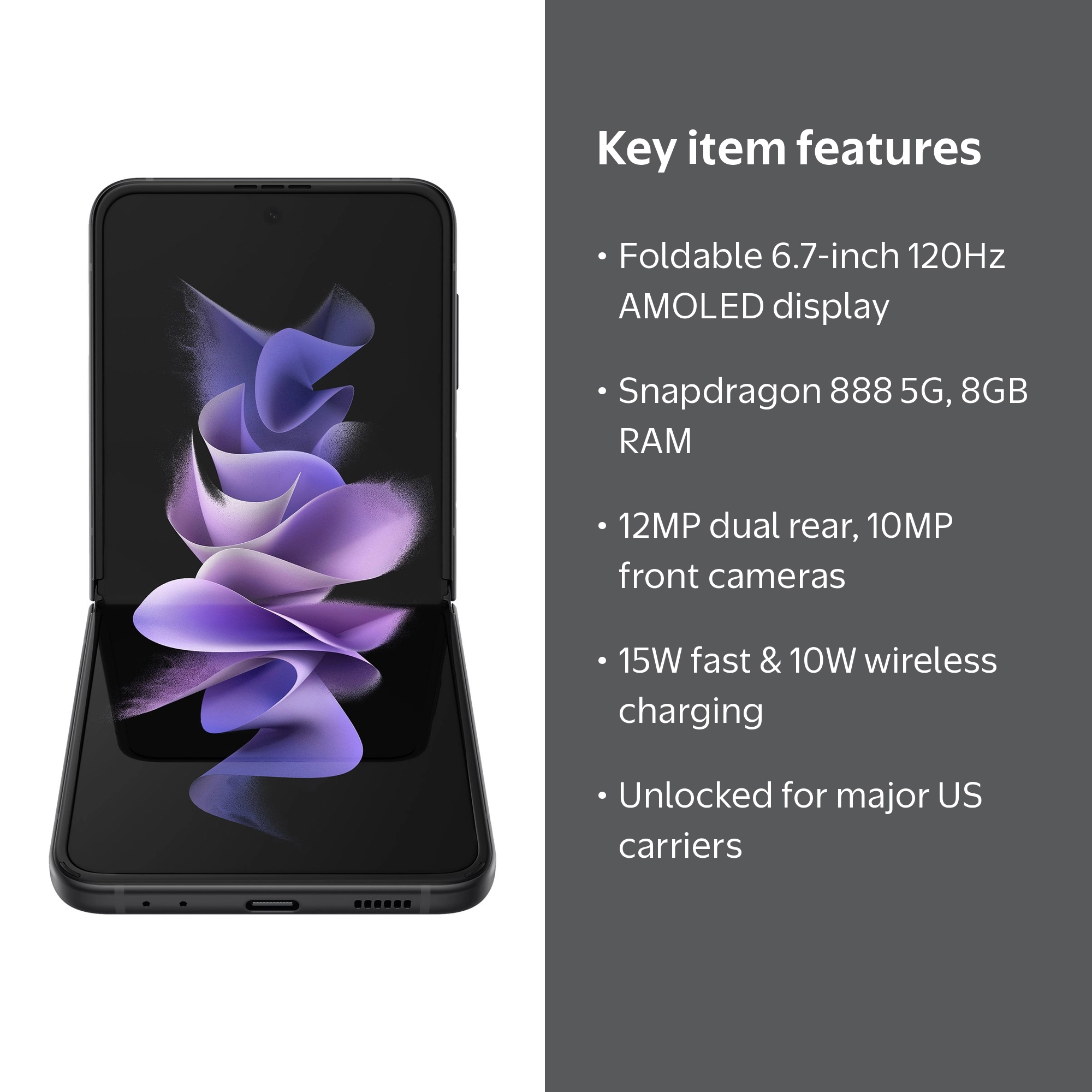 Samsung Galaxy Z Flip3 5G, 6.7-inch, SM-F711U, Unlocked, Phantom