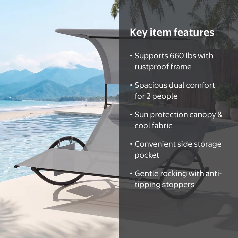 Gymax, Outdoor Double Chaise Rocker, Gray Polyester, Sun Canopy