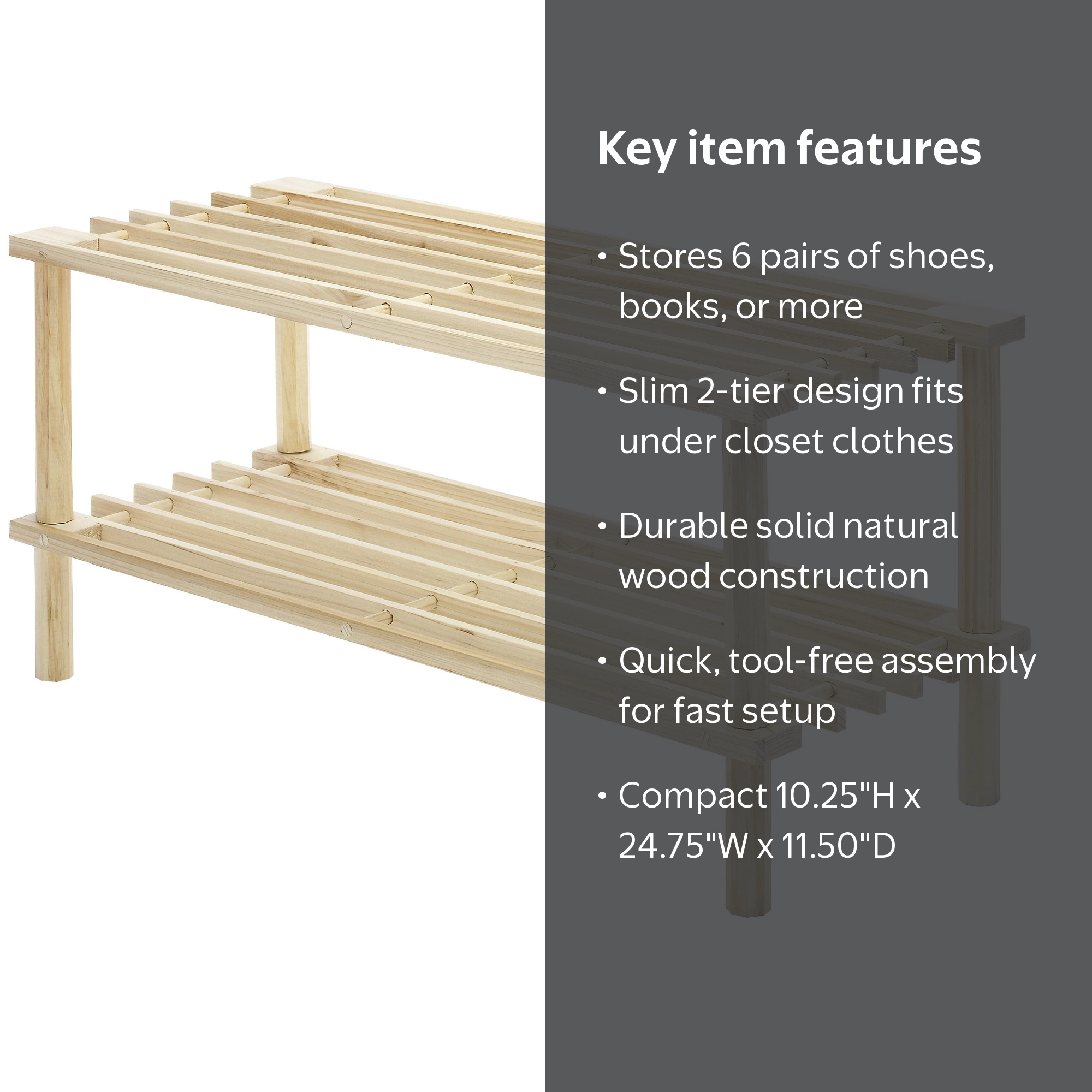 Whitmor, Shoe Rack, 2-Tier Natural Wood, Space-Saving Household