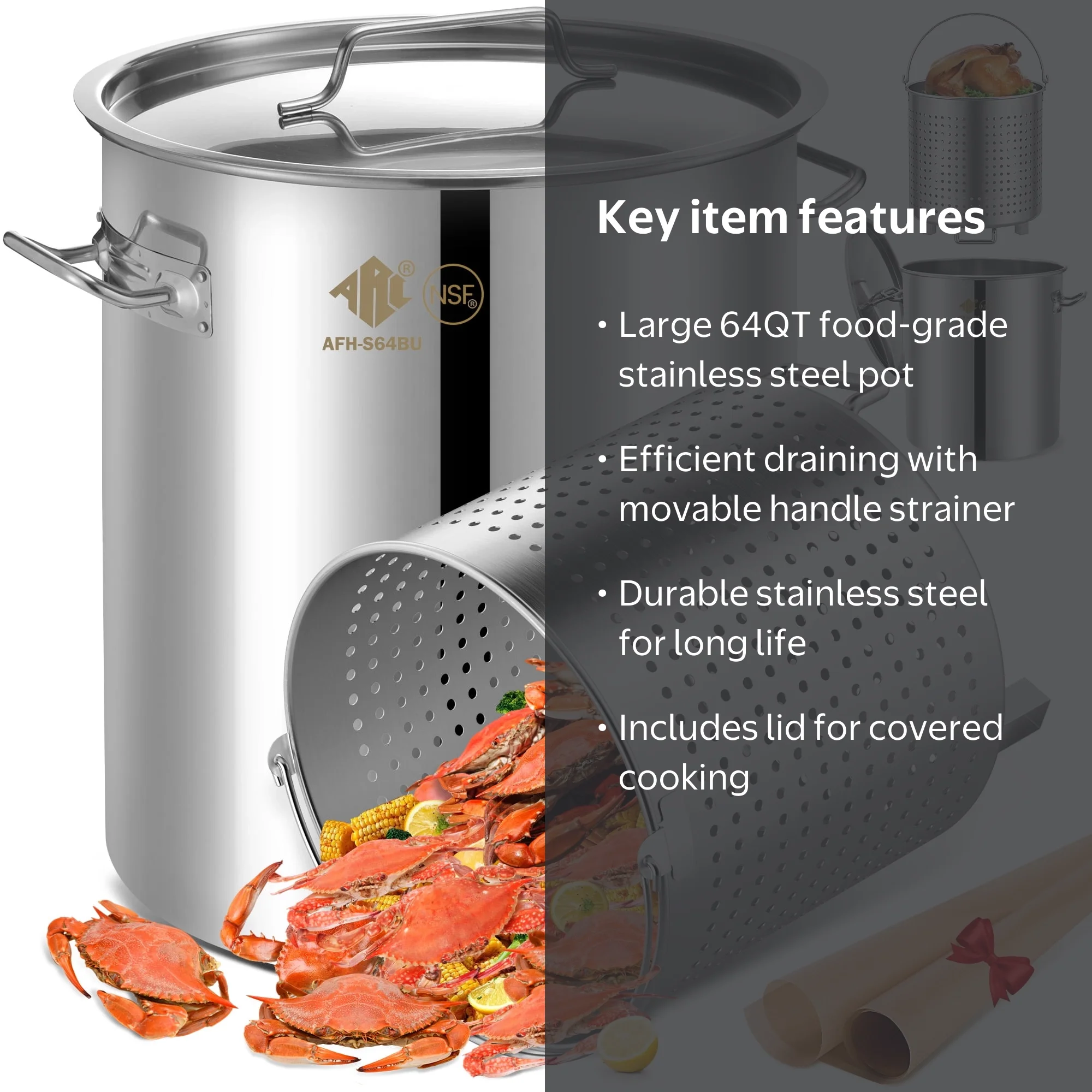 ARC USA, Stainless Steel Stock Pot, 64QT, 15.7x17.7 inches