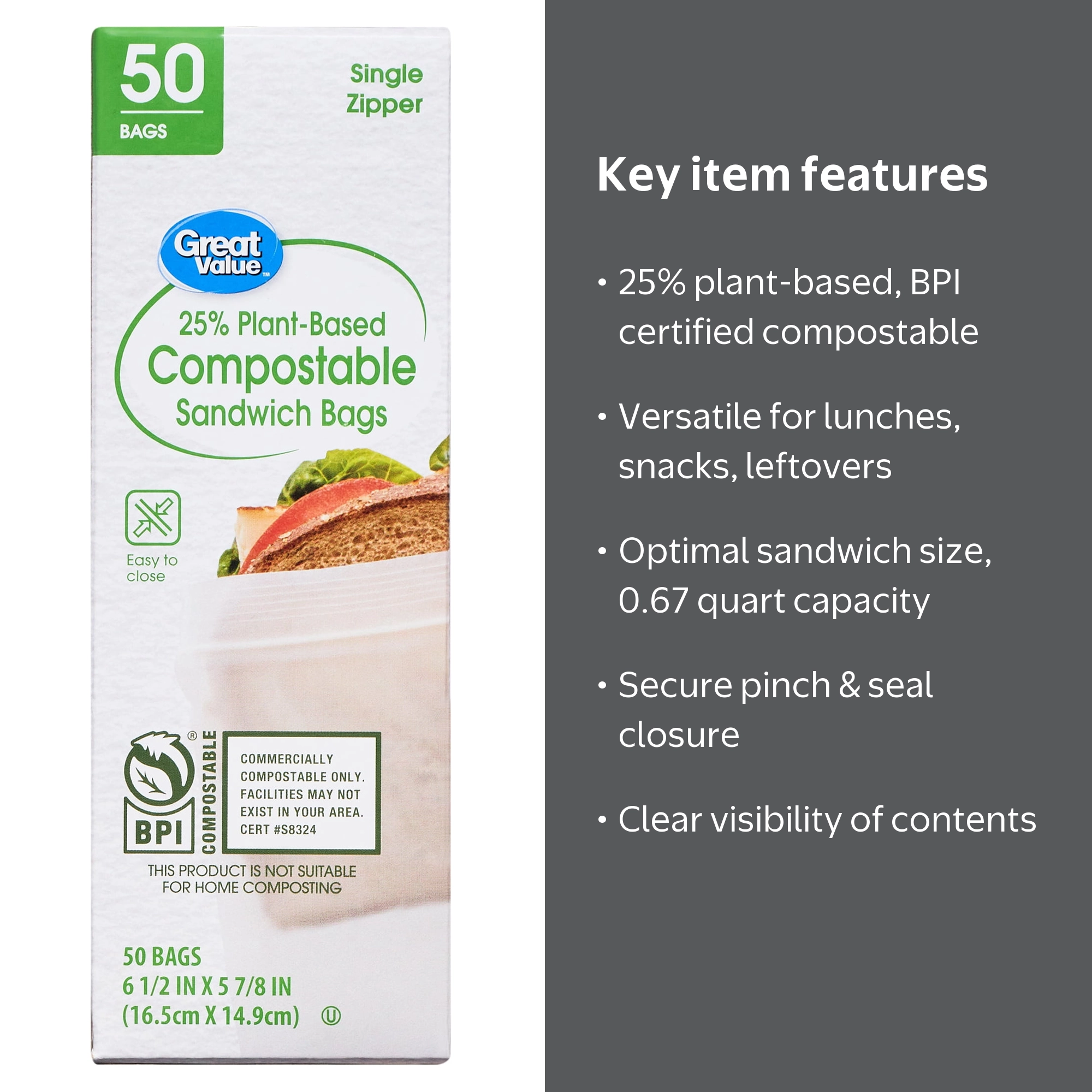 Great Value Plant-Based Sandwich Bags, 50 Count, Zipper Closure