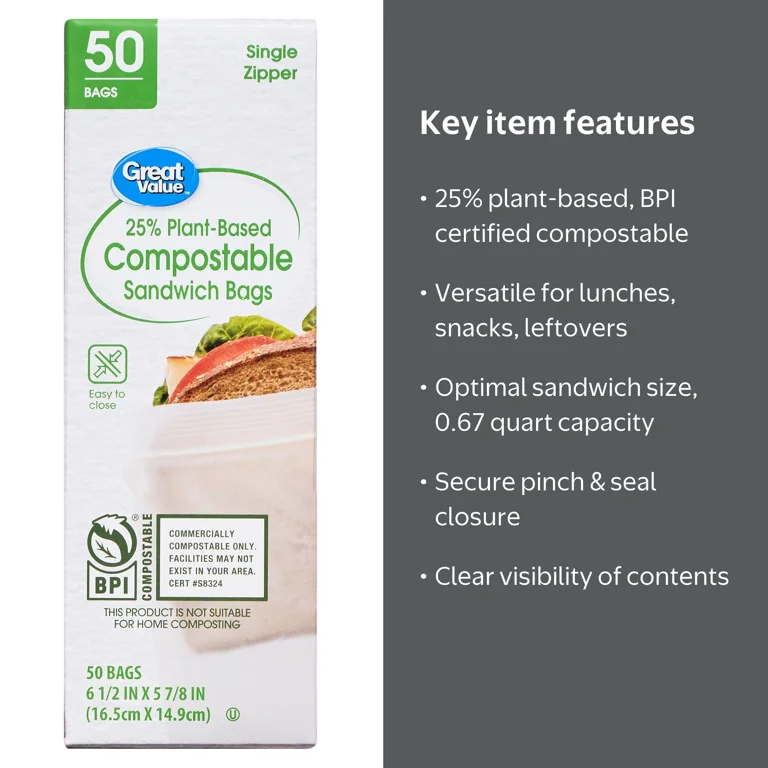 Great Value Plant-Based Sandwich Bags, 50 Count, Zipper Closure Great Value Plant-Based Sandwich Bags, 50 Count, Zipper Closure