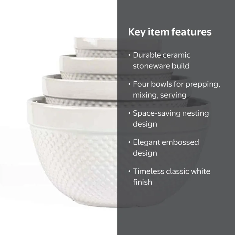 Tabletops Gallery, Mixing Bowls, White Ceramic, 4 Piece Set