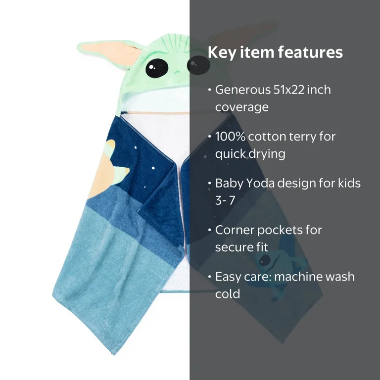 Star Wars Baby Yoda Kids Cotton Hooded Towel, Blue and Green, 22