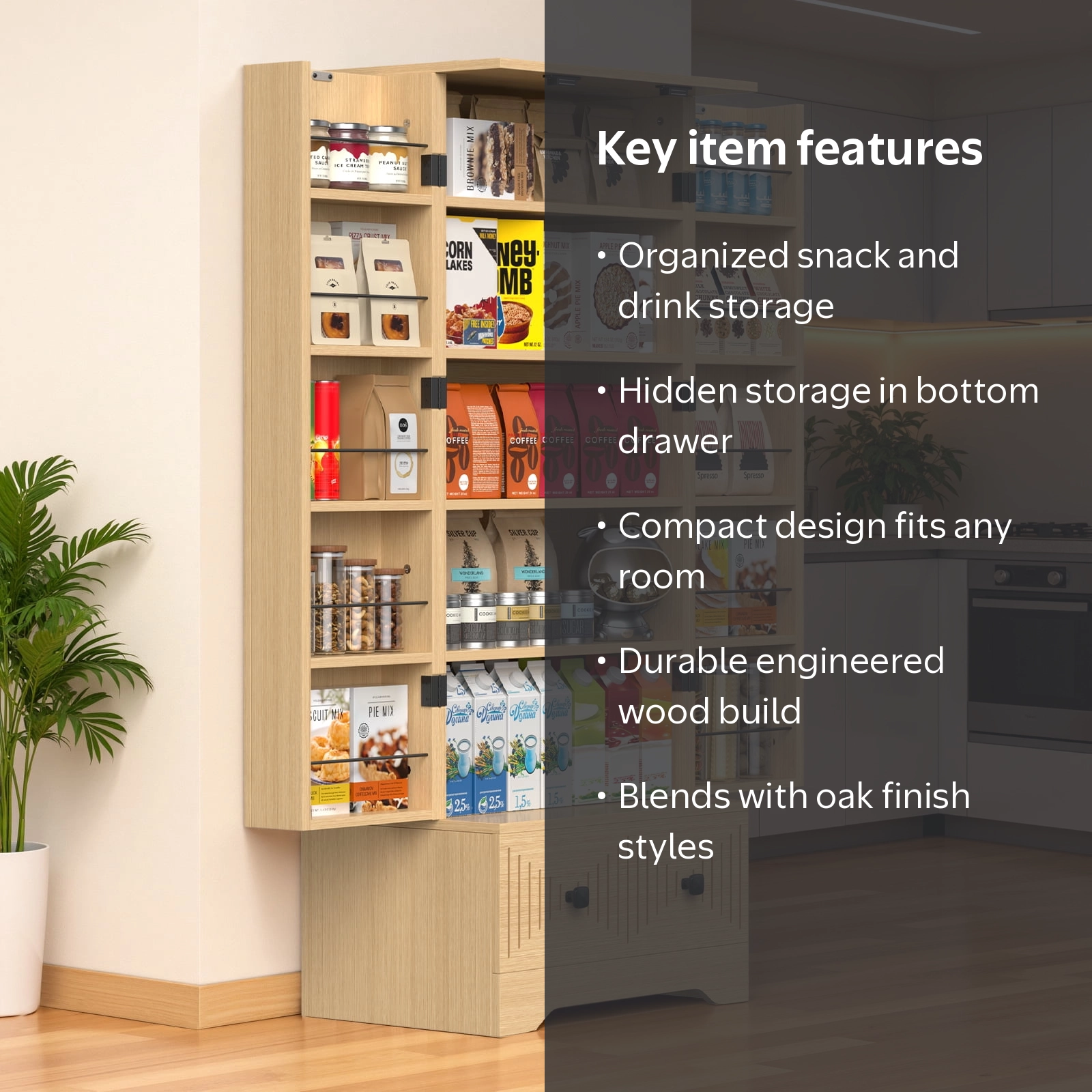 PARKWELL Snack Cabinet, Double Doors, Drawer, Freestanding Pantry