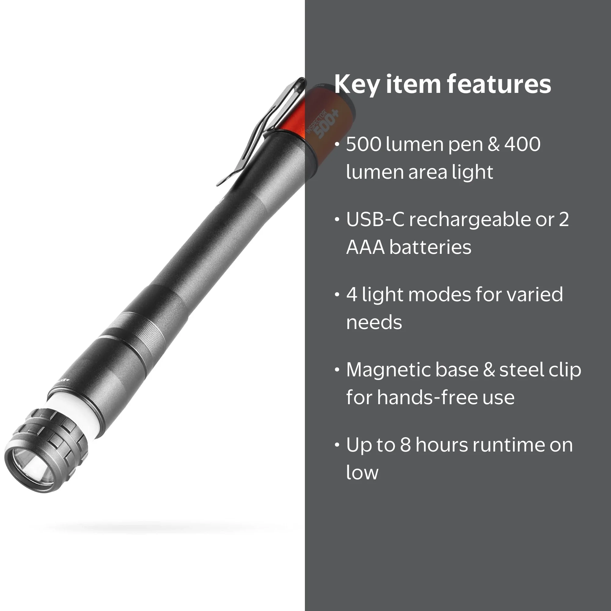 nebo 500 lumen flashlight Inspector 500+ LED Pen Light, Rechargeable free operation and it is fully rechargeable via an integrated USB NEBO Slim Mini 500 Pocket