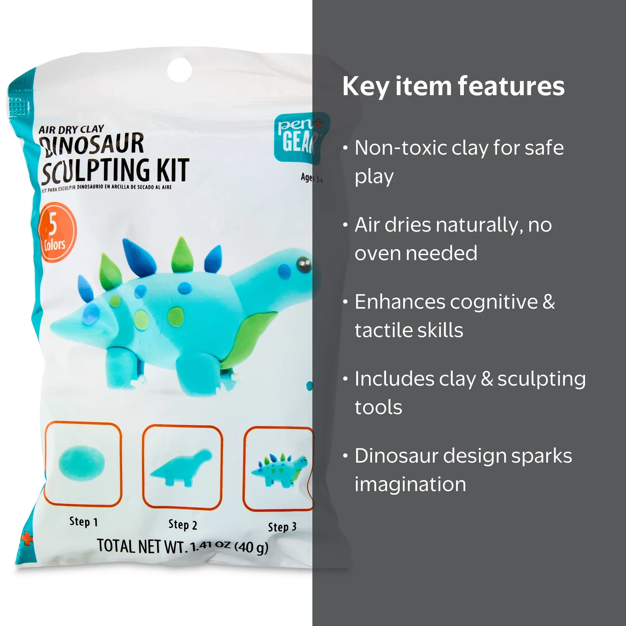 Pen+Gear Air Dry Clay Sculpting Kit, Blue Dinosaur, Includes 5