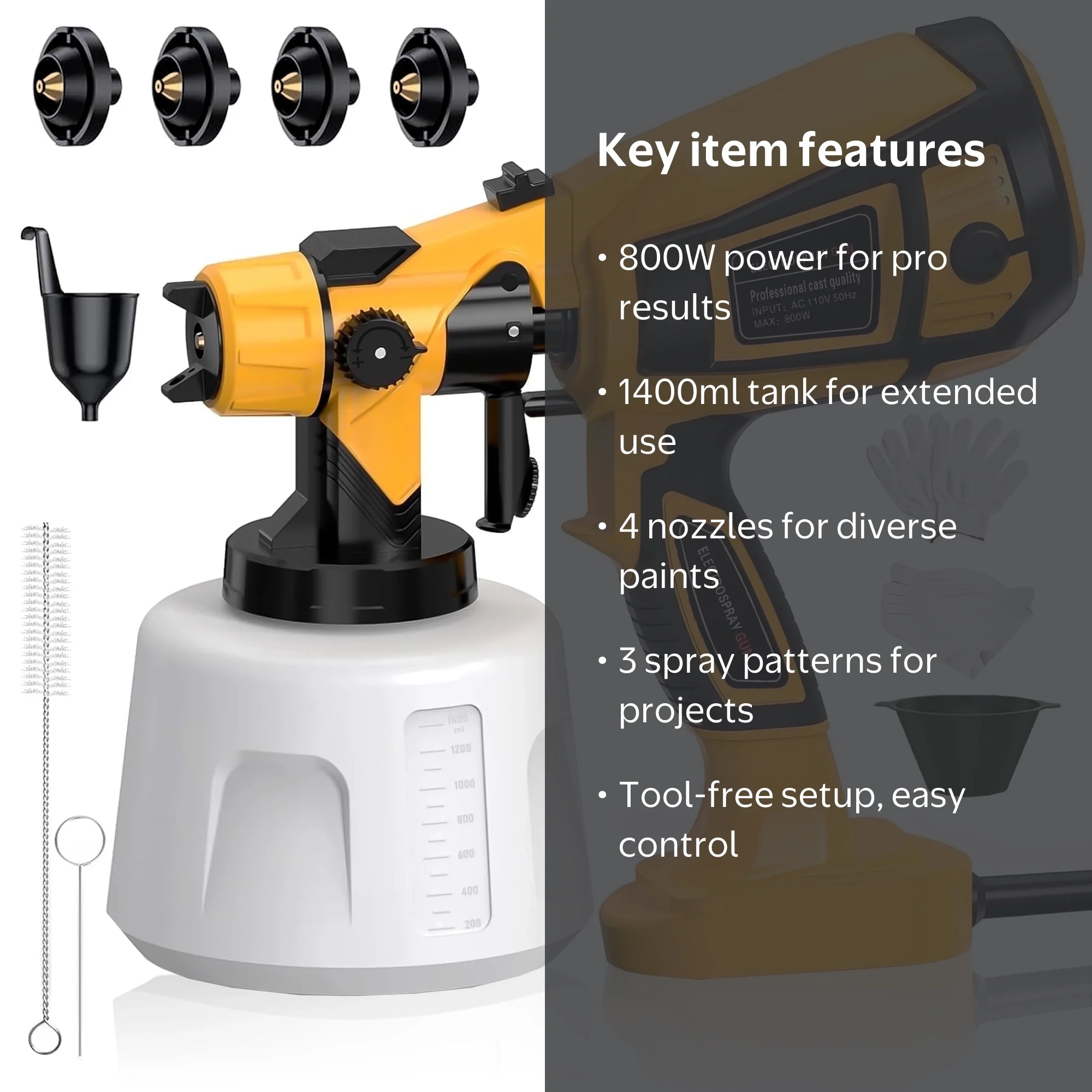 HOTREE Electric Paint Sprayer Gun, 800W HVLP Spray Gun with 1400ml